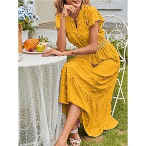 MEROKEETY Long Sleeve Tie V Neck Swiss Dot Pleated Maxi Dress